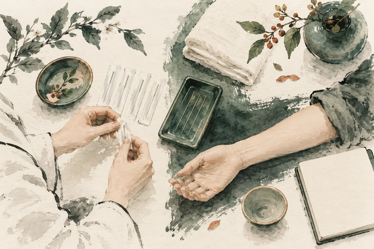 Ink-wash illustration of an acupuncture tray and prepared treatment materials