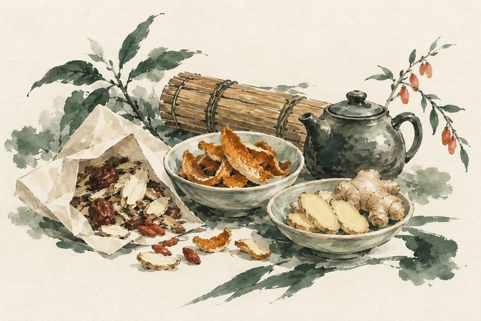 Ink-wash still life of ginger, mandarin peel, and a ceramic teapot