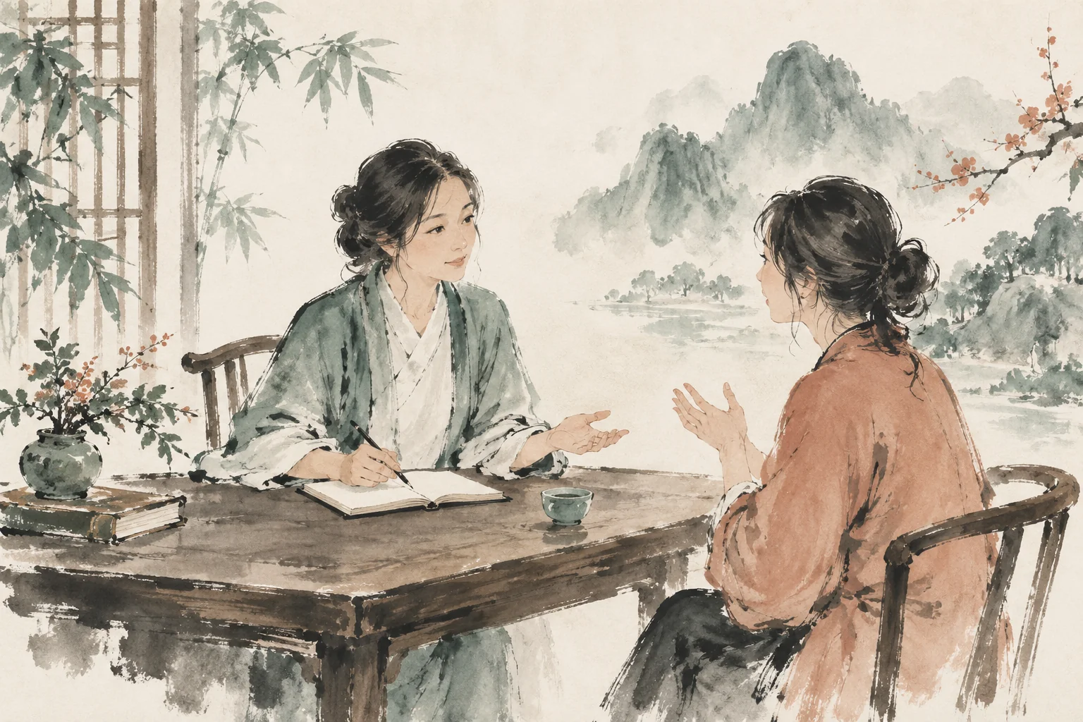 Ink-wash illustration of a health consultation