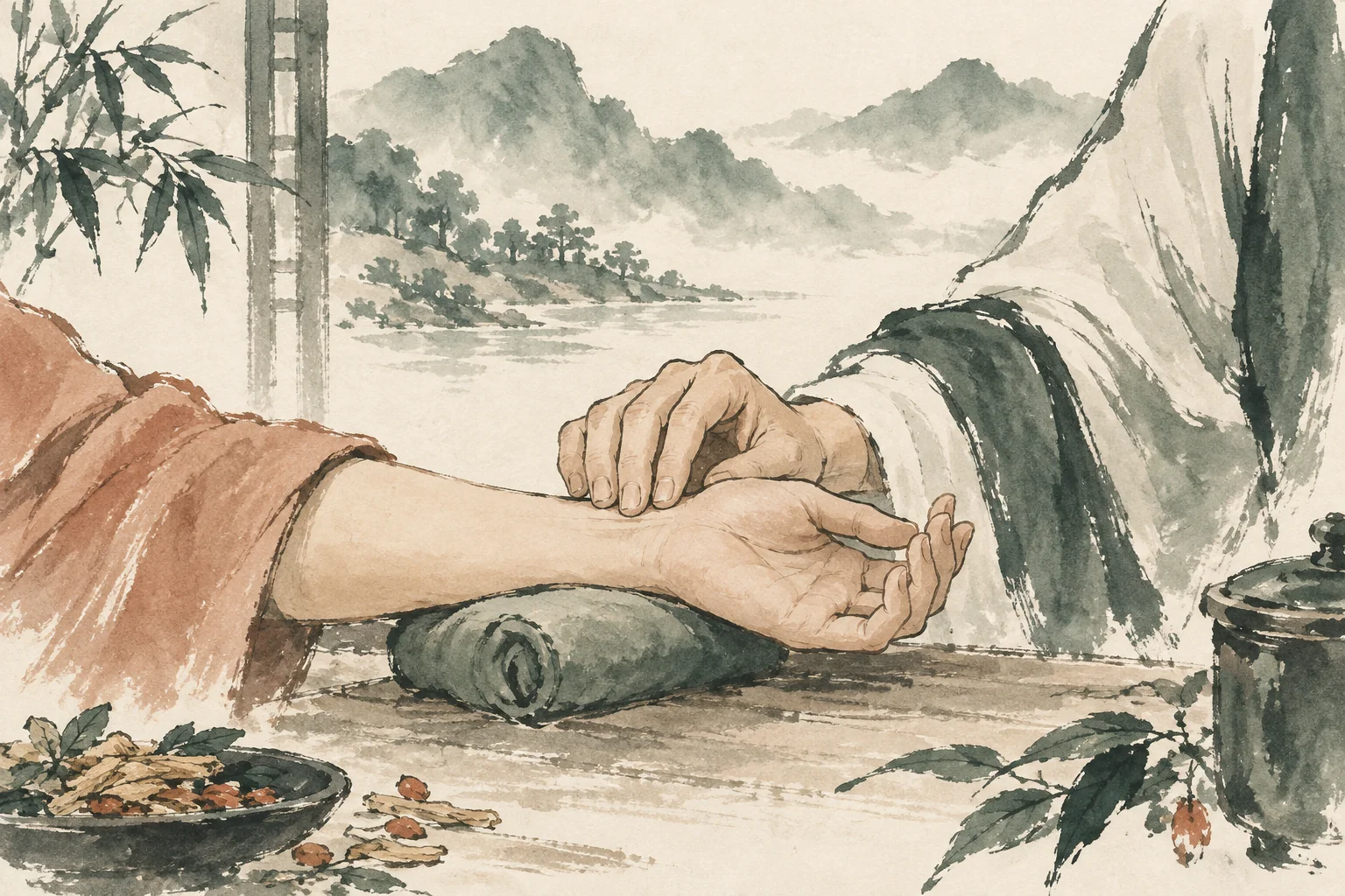 Ink-wash illustration of a practitioner taking a pulse