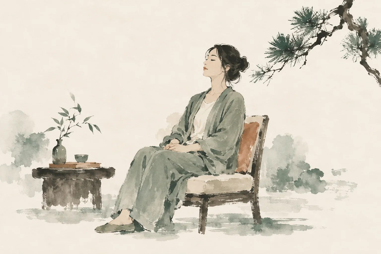 Ink-wash illustration of a person seated in quiet rest