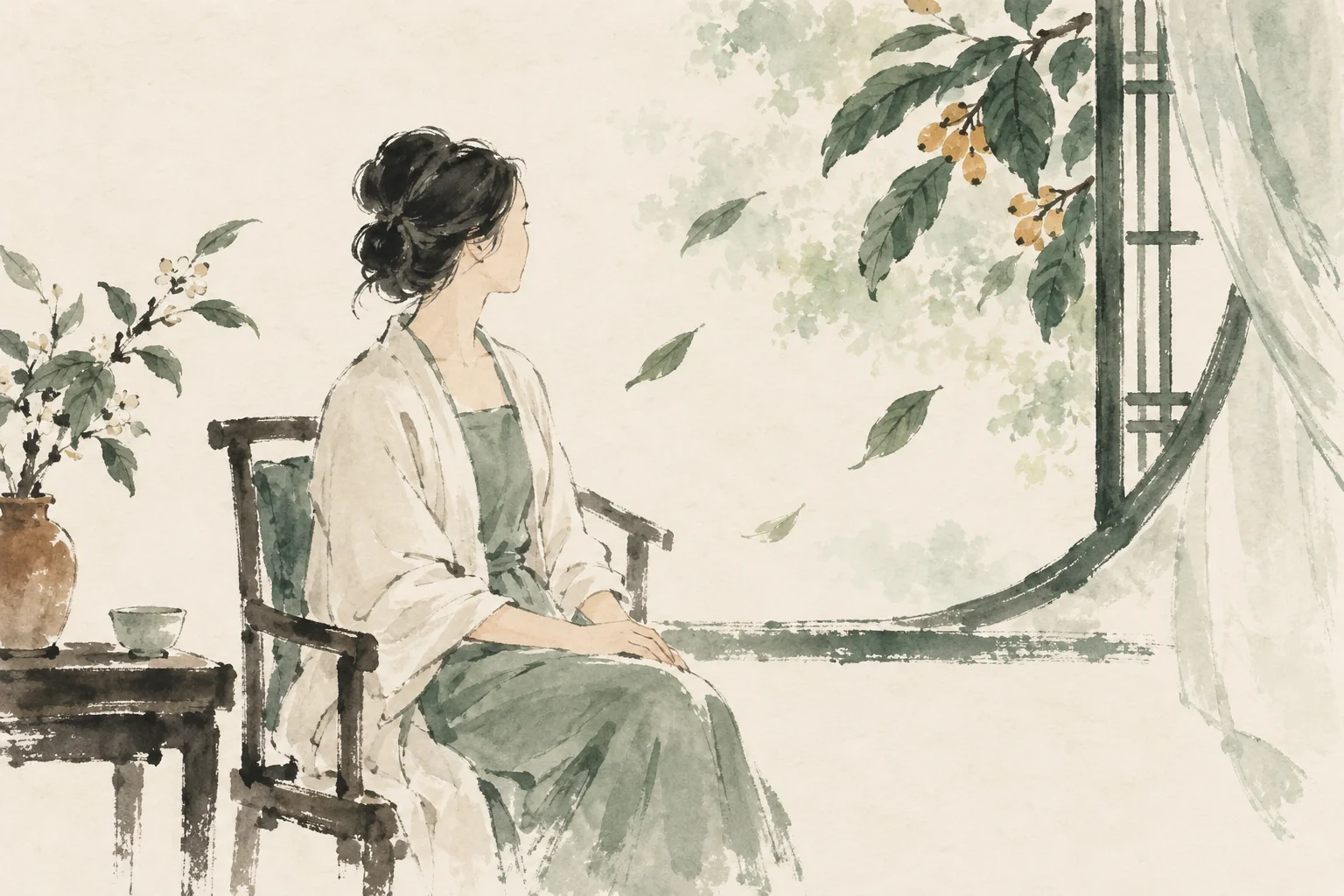 Ink-wash illustration of a person seated beside an open window
