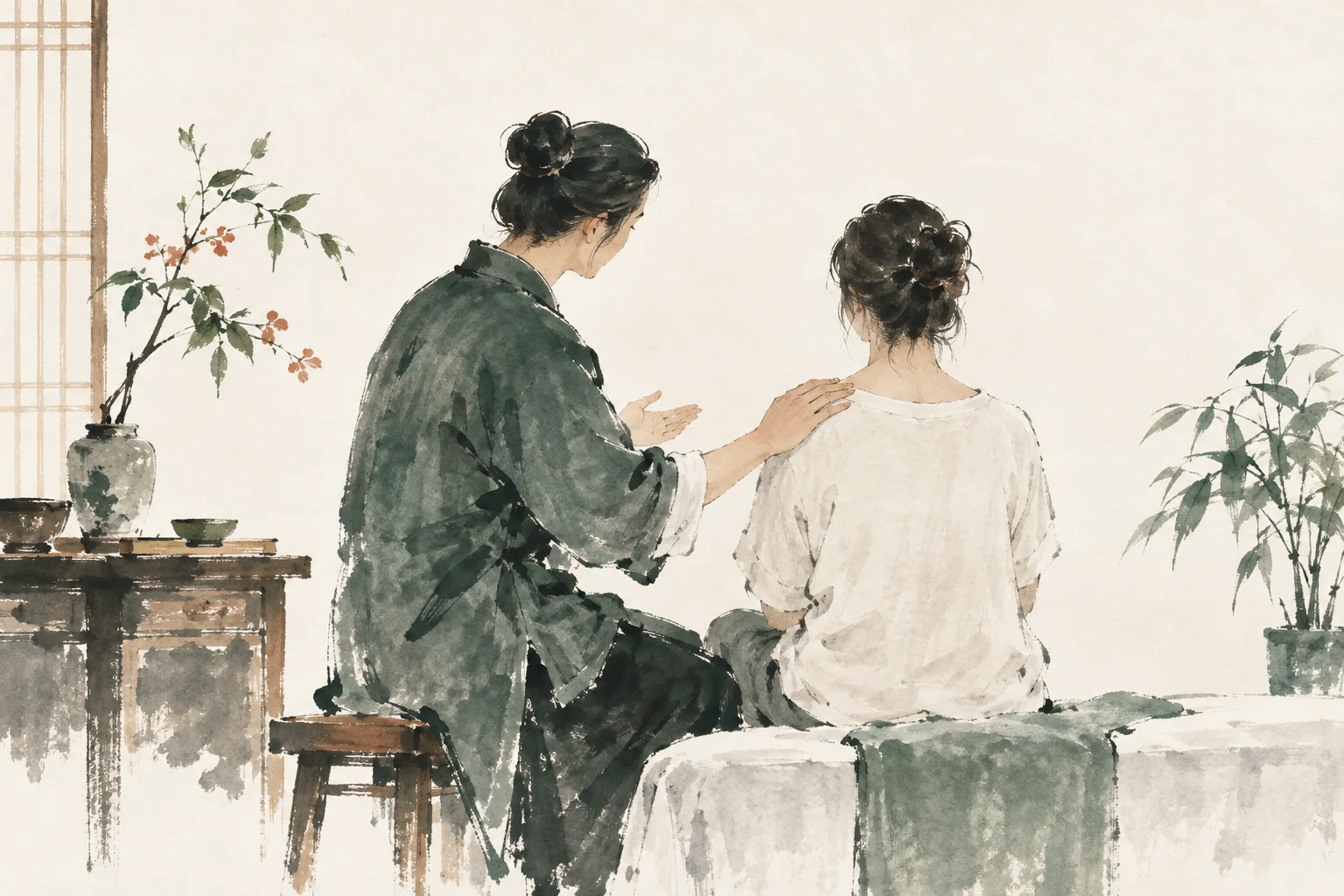 Ink-wash illustration of a practitioner checking shoulder comfort