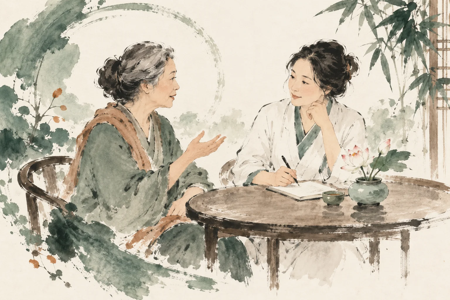 Ink-wash illustration of two women discussing care